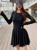 A-Line Knitted Dress Full Sleeve Solid Ladies Sweater Vestidos 2022 Autumn Women Mini