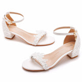 Cm Thick Heel Sandals Shallow Mouth With Square Buckle Sandals White Lace Wedding Shoes High