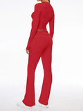 Long Sleeve Cropped Top Fold-over Flare Pants Set-Outfit