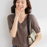 Zingj / Summer 2024 New Knit Short Sleeve Female V Collar Bottom Knit Sleeve Half Sleeve Sweater Loose Bottom Sweater-Outfit