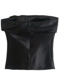Black Crop Top Women Satin Corset Top Female Off Shoulder Sexy Tops For Women 2023 Pleated Sleeveless Backless Bustier