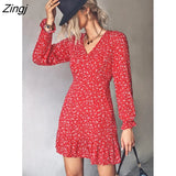 Elegant Floral Print Dresses Women Summer Dresses 2022 New V-neck Full Flared Sleeve Waist Ruffle Hem A-line Mini