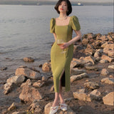 Midi Dress For Women Elegant Bodycon Lady Casual Solid Clothing Femme Fashion Party Clothes