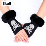 FUNKY 2021 New Fashion Winter Gloves Faux Fur Collar Skulls Heart Stars Knitted Gloves Without Fingers For Women