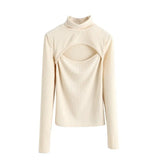 2021 Spring Hollow Out T-shirts Woman Slim Knitted Turtleneck Tops Tee Long Sleeve Sexy Ladies
