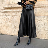 Black Solid PU Leather Elegant Midi Skirt Spring High Waist Office Ladies A-Line Pleated Skirts Faux