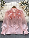 Bow Sweet Satin Loose Blouse Women Ruffles Long Sleeves Autumn Shirt Fashion Streetwear Korean y2k Vintage Top