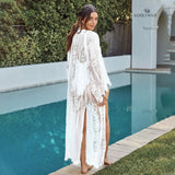 Sexy See Lace Dress Through Long White Lace Kimono Plus Size Women Clothing Beach Wear Pocket Front Open Robe DePlage