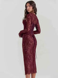 Red Lace Sheer Removable Sleeve And Lace Up Midi Dress- Outfit