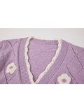 Autumn New Sweet Flowers V-neck Long Sleeve Button Knitted Coat Sweaters Harajuku Women Cardigan Fashion Korean Knitted