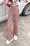 Streetwear Women Black and Pink Plaid Pants Harajuku Loose Pockets Wide Leg Pants Retro Lace Up Student Straight