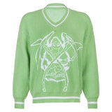 Preppy Style Oversized Knitted Sweater Women Casual V Neck Autumn Jumper Ladies Print Fashion Pullover Knitwear