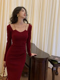 Vintage Chain Square Neck Long Sleeves Midi Dresses for Women 2023 Autumn New Sexy Bodycon Evening Party Female