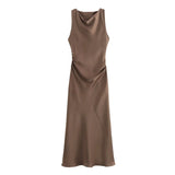 2025 New Fashion Round-Neck Sleeveless Black Silk-Sense Tidling Dress
