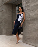 Flower Printed Waist Hollow Out Midi Dress Women Sleeveless Back Zipper Split Robes 2024 Fashion High Street