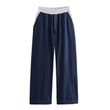 2025 New Denim Splicing Hoodie Elastic Waist Patchwork Color Pants Suit