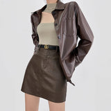 Pu Leather Skirts For Women Sexy Korean Fashion High Waisted Stretchy Mini Short Skirt Faux Leather Dark Brown Female