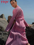 Fashion Pink Pleated Midi Dress Lady Autumn O-Neck Long Sleeve Bodycon Dress Elegant Slit Party Dresses For Women