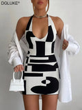 Print Short Summer Dress Women 2022 Backless Halter Bodycon Dress Sexy Club Party Mini Dress Beach Green