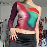 Tie Dye Print Sexy T Shirts Women One Shoulder Long Sleeve Off Shoulder Fashion Autumn 2021 Casual Vintage Crop