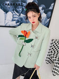 Spring 2022 Mint Green Coat Jackets Blazers For Women Elegant Stylish Floral Patch Hasp Designer Korean Tailored