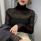 Women See Through Transparent Mesh Tops Long Sleeve Sheer Slim Ladies