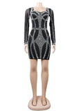 Sexy Black Rhinestone Sheer Mesh Bodycon Dress Womens Long Sleeve Crystal Party Clubwear Skinny Mini
