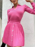 Women's Knitted Two Piece Set For Women Autumn Turn-down Collar Long Sleeve Sweater Pleated Skirt Suit Casual