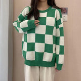 Winter Sweater Women Korean Fashion Plaid O-Neck Pullovers Streetwear Oversized Sweate Jumper Warm Long Sleeve