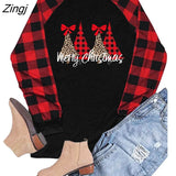 Christmas Tree Print Women T Shirt Contrast Buffalo Black and White Stitching Plaid Long Sleeves Tee Shirt