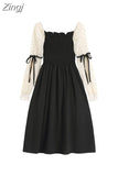 Women French Puff Sleeve Dress Vintage Lace Spliced Long Sleeve Square Collar Elegant Sweet Midi Dresses Clothes 2023 Autumn