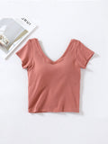 Women Shirts Cotton Short Sleeves with Bra Pads and Cups Home Sports T-Shirt Women V Neck Summer Comfortable Tops