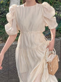 Summer Elegant Puffer Sleeve Party Midi Dress Lady Casual Pleated Black Vestidos Femme Fashion Outerwear Clothes