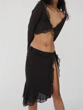 Women Ruffles 2 Piece Skirt Set Long Sleeve Mesh See Through Shirts Tops Low Waist High Split Skirts Outfits Clubwear 211-1-Outfit