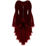 Winter Women Gothic Dress Solid Short Front Long Back Sundress Red Green Black Vintage Lace High Low Women