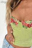 Embroidery Flowers Sleeveless Strap Camis Crop Tops Summer Clubwear Sexy Women Low Cut Push Up Tank Bustiers