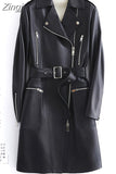 Autumn Black Long Faux Leather Jacket Women with Many Pockets Zipper Belt Lapel Spring Leather Trench Coat for