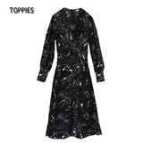 2021 Long Dress for Women O Neck Long Sleeve Fashion Print Chic Belt zipper Loose Midi Dress