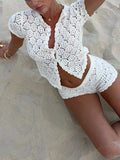 Spring And Summer New Women's Shawl Short Hollow Knitted V-Necked Shirt Shorts