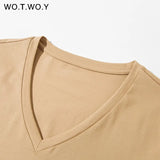 2022 Summer Casual Solid V-Neck T-shirt Women Knitted Cotton Basic Short Sleeve Tops Female Soft White Tee Shirt