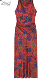 Print Floral Dress Woman Summer Long Dresses For Women 2023 Vintage Sleeveless Midi Dress Ruched Elegant Party