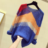 Color-block Knitted Sweater Women Fashion Thin Section Long-sleeved Loose Hollow Lazy Sweater Pullover Female
