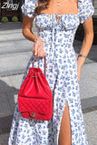 Floral Print Summer Dress Women Puff Sleeve Square Collar Elegant Split Sexy Cotton Long Party Dress Casual Boho Beach