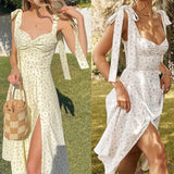 Spring Floral Dress Women's Sexy Casual Fashion Sundress Midi Slip Backless Pleated Slit White Yellow Lace-up