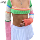 Women Summer Crop Tops Splicing Crochet Square Neck Long Sleeves Knitted T-shirt Tops 2023 Streetwear for Girls