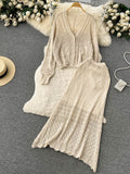 Fashion Knitted Two Pieces Suits V Neck Hollow Out Cardigan Top+Elastic Waist Bodycon Skirt Women Streetwear