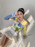 Color Block Summer Knit Top Designer T Shirt Women Patchwork Weave Crop Top Fashion Tee Shirt Aesthetic Clothes