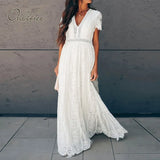 2022 Summer Vintage Women Maxi Party Dress Short Sleeve White Lace Long Tunic Beach Dress Vocation Holiday