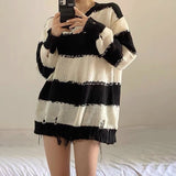 Basic Striped Sweater Women Vintage Hole Jumpers Knit Y2k Oversize Autumn Winter Thin Pullover Female Harajuku