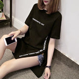 size WONDERFUL DAY Print Long T shirts Summer Women Loose Slit Femme Tops Cotton Tshirt Short sleeve Ladies